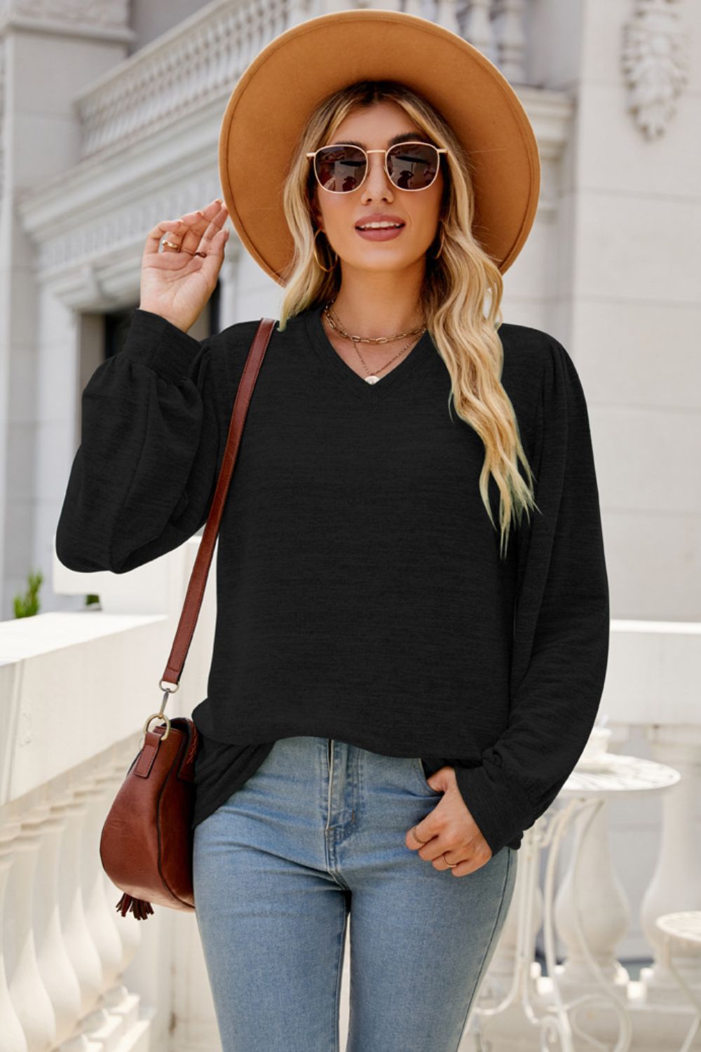 Long Puff Sleeve V-Neck Top 