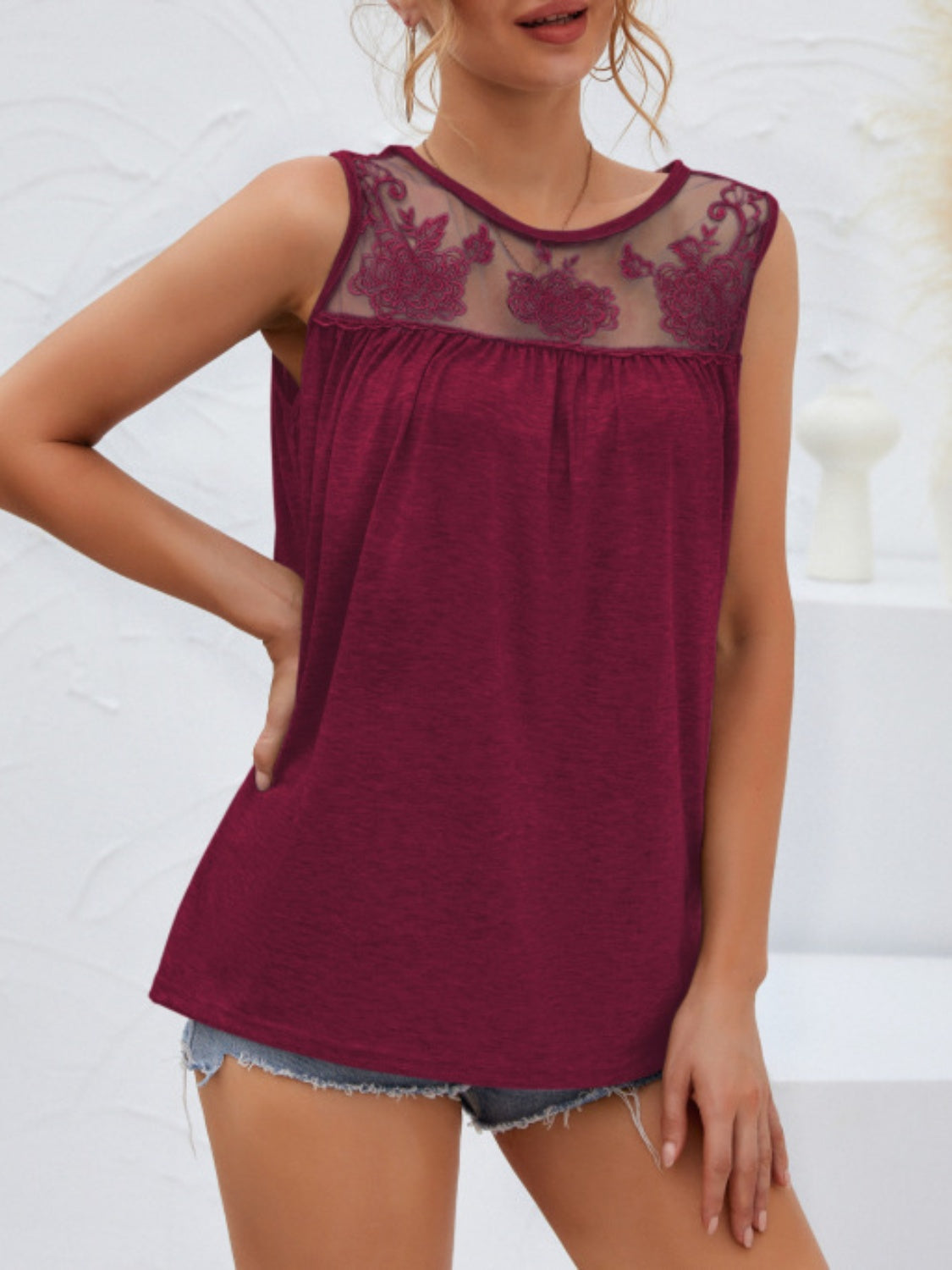 Lace Detail Round Neck Tank - Babbazon