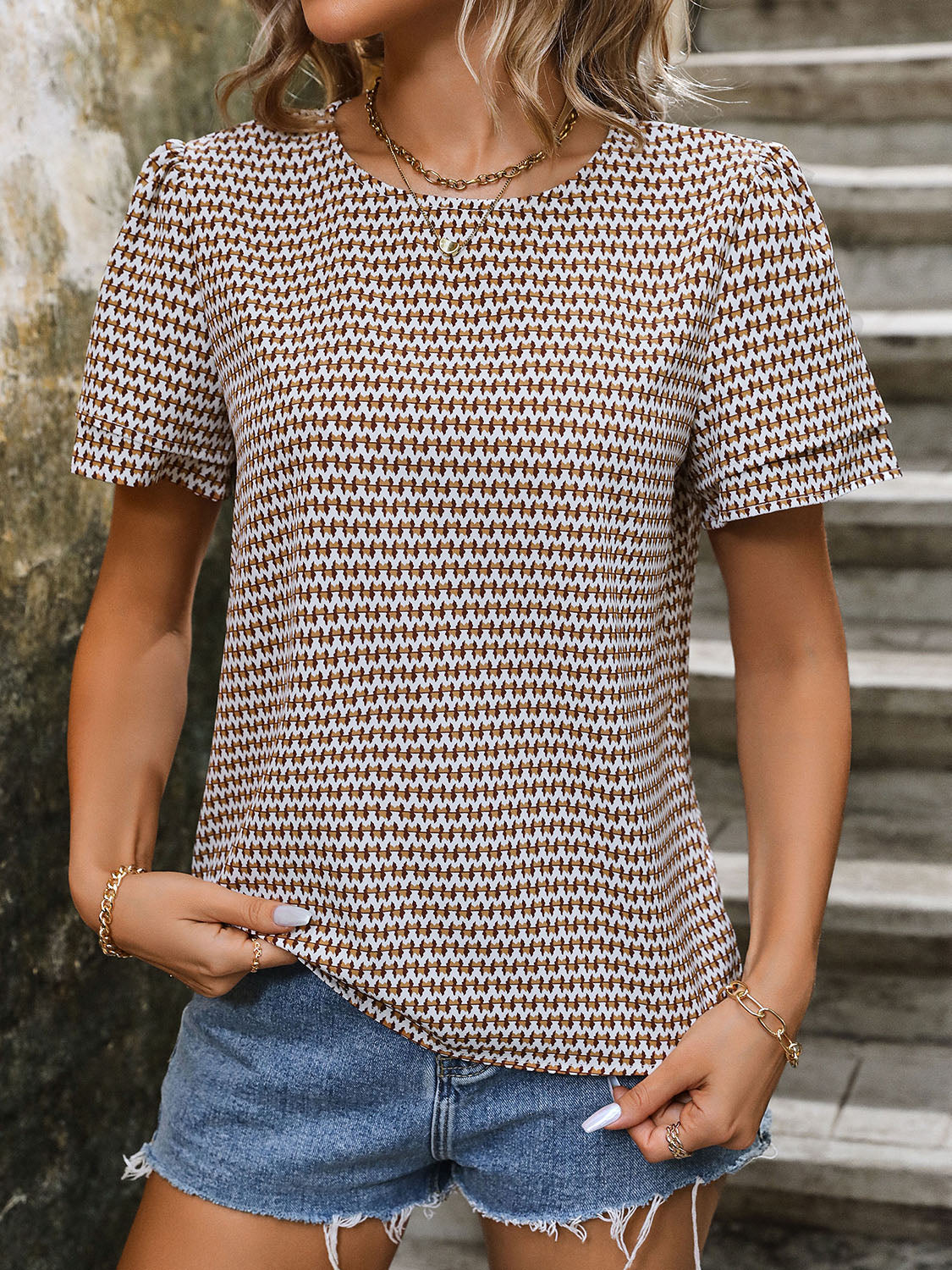 Printed Round Neck Short Sleeve Blouse 