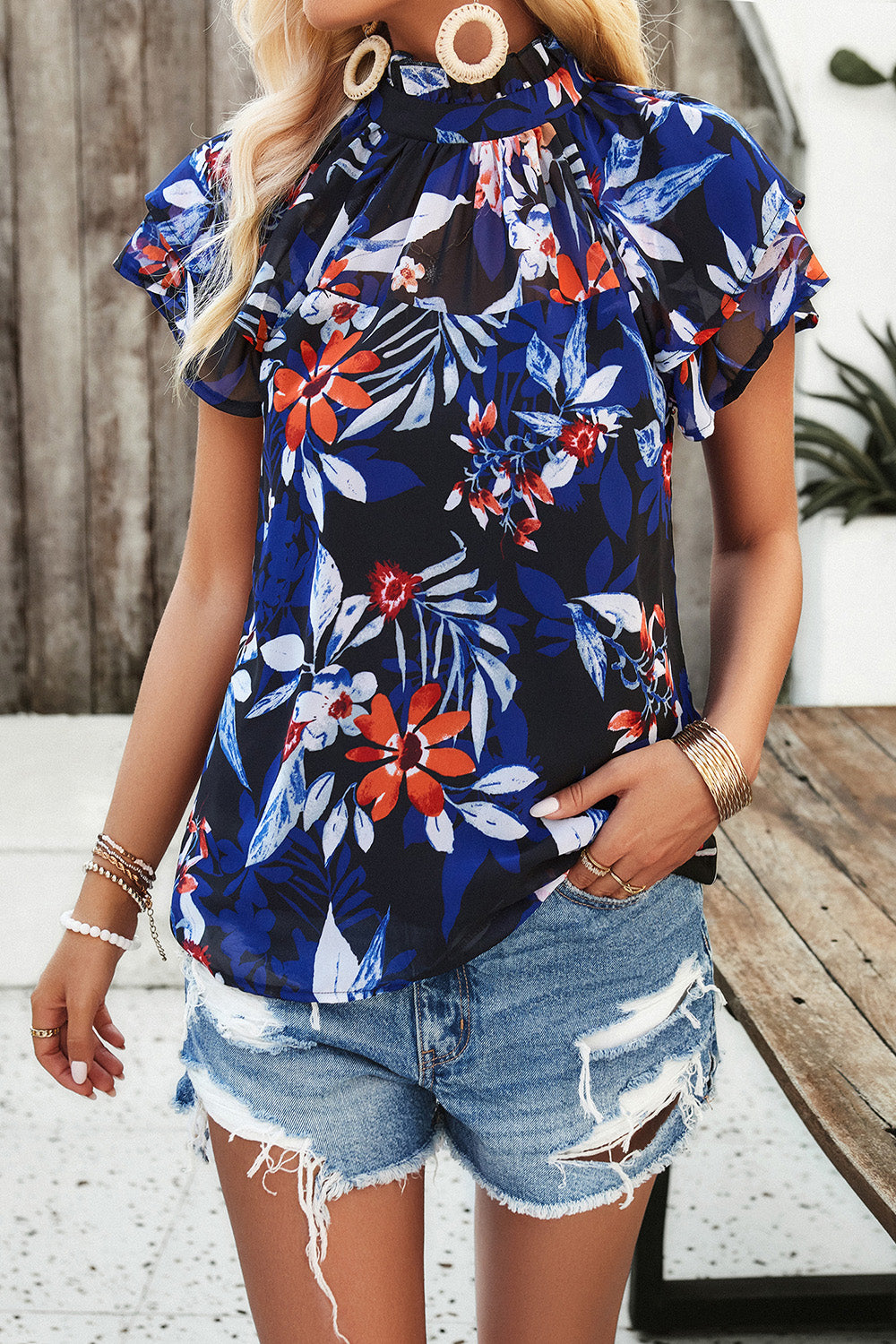 Printed Ruffled Mock Neck Blouse 