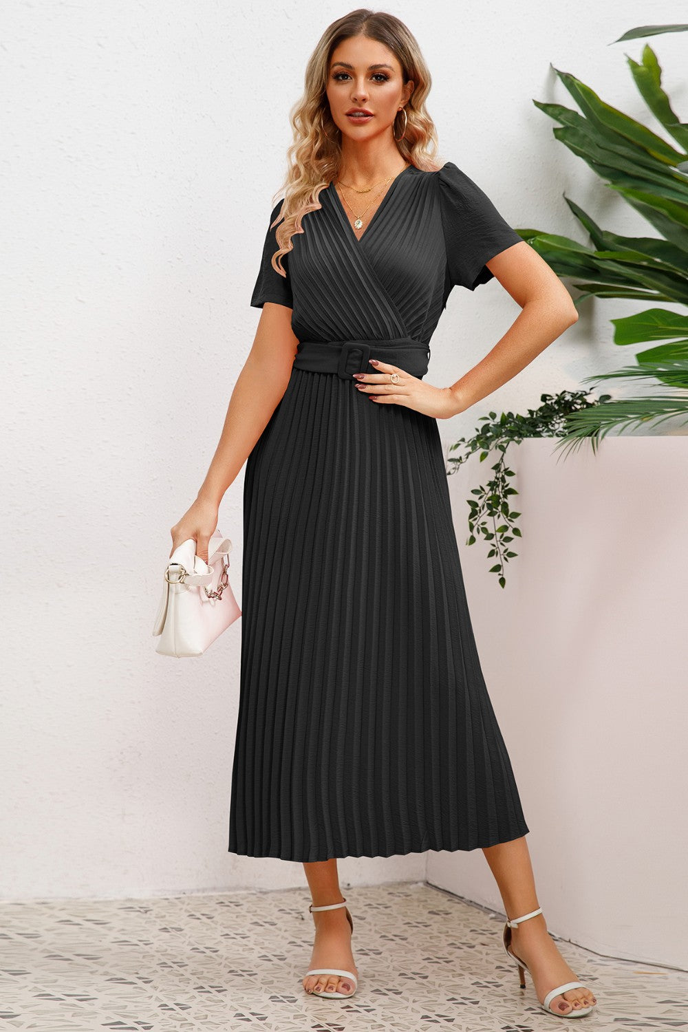 Pleated Surplice Short Sleeve Midi Dress 