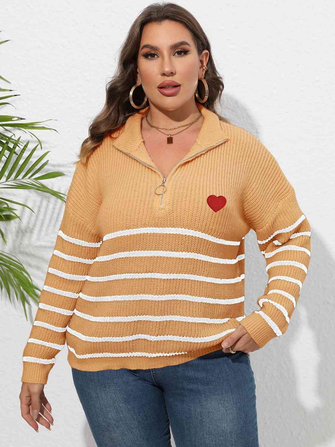 Plus Size Zip-Up Striped Sweater 