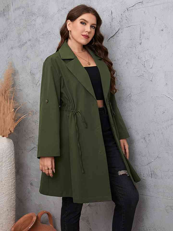 Plus Size Lapel Collar Roll-Tab Sleeve Trench Coat 