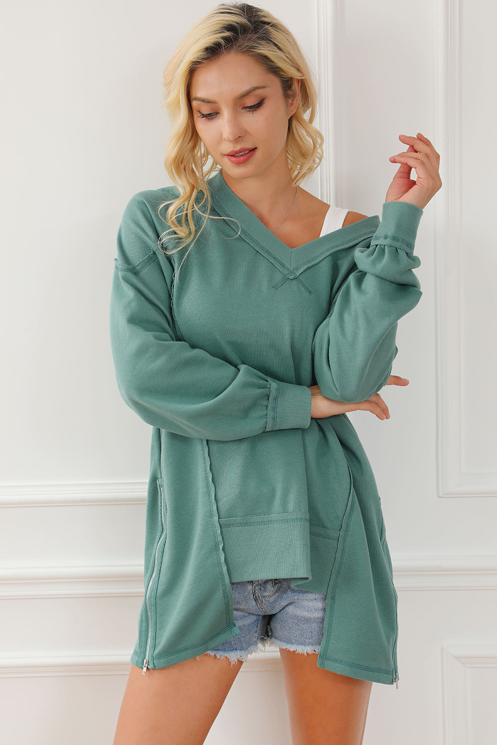 Exposed Seam V-Neck Zip Detail Sweatshirt 