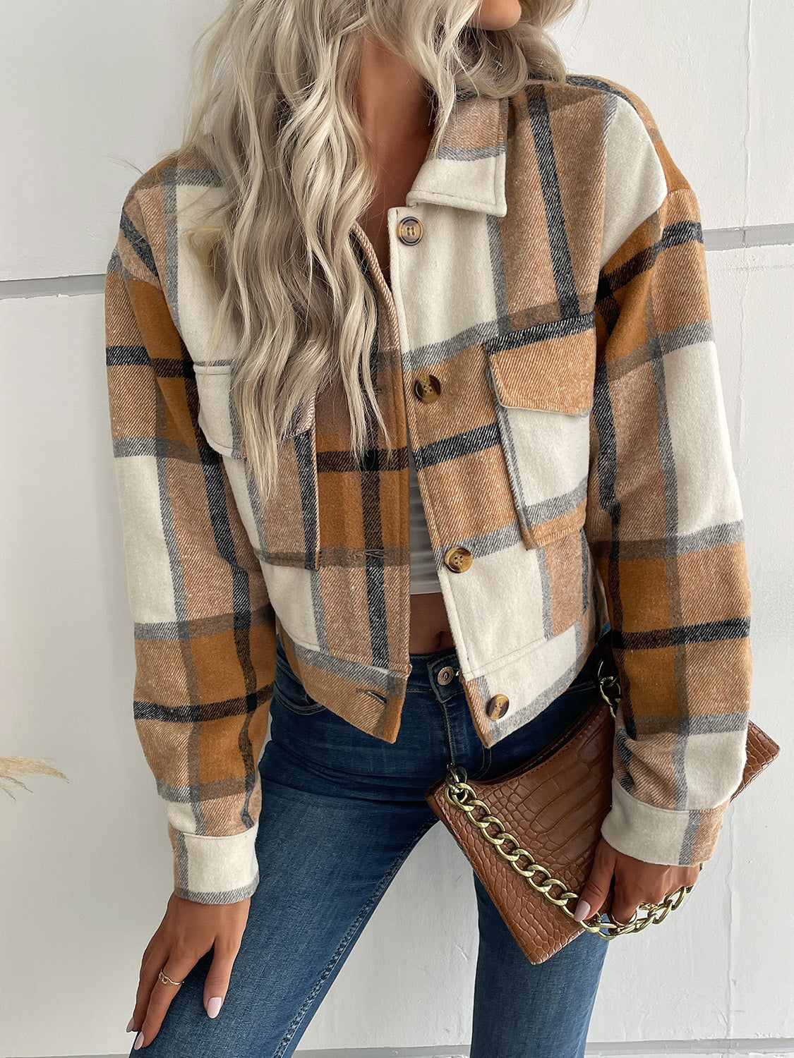 Plaid Button Up Drop Shoulder Cropped Jacket - Babbazon Jacket