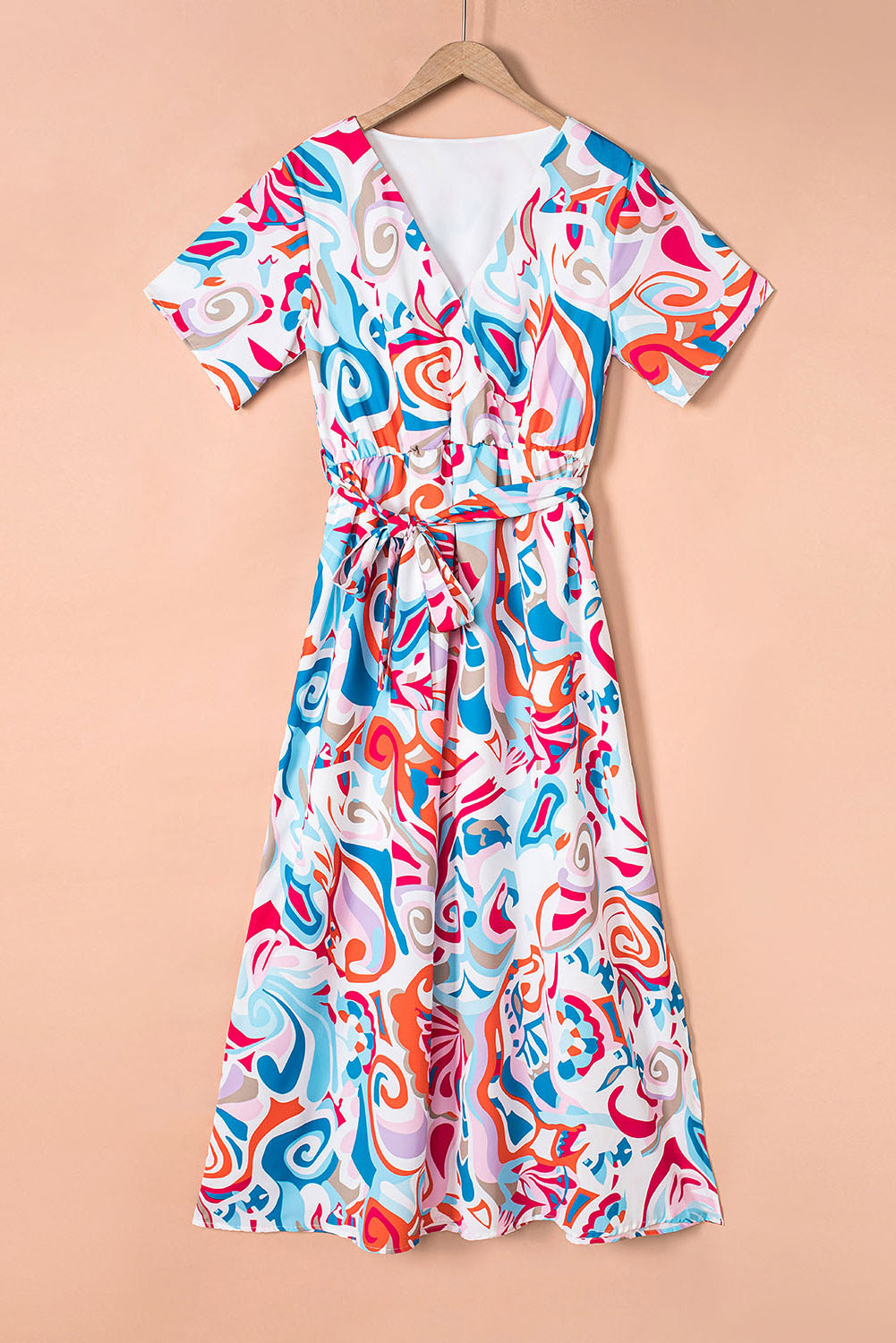 Printed Short Sleeve Tie Waist Dress 