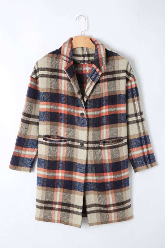 Plaid Longline Jacket with Pockets - Babbazon womens coat