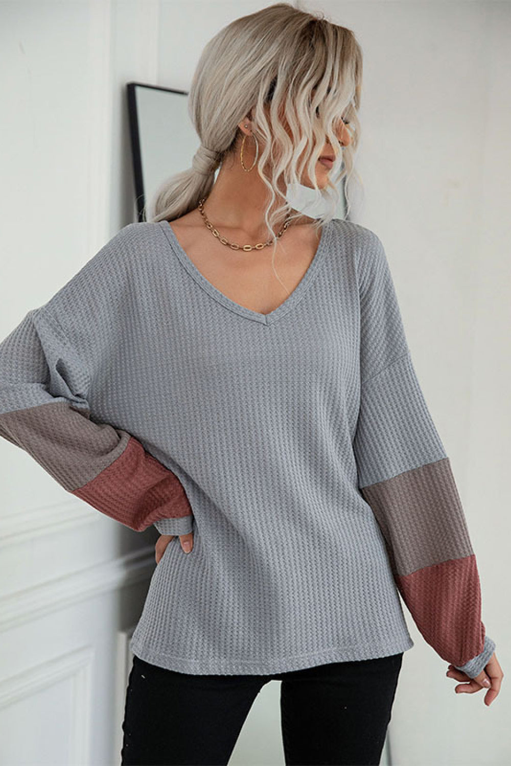 Color Block Sleeve Waffle Knit Tee 