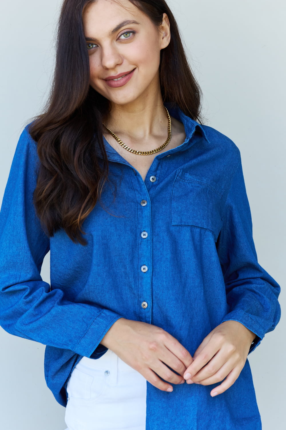 Doublju Blue Jean Baby Denim Button Down Shirt Top in Dark Blue 