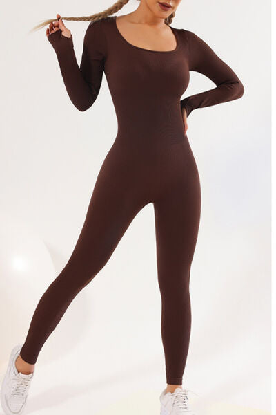 Square Neck Long Sleeve Active Jumpsuit 