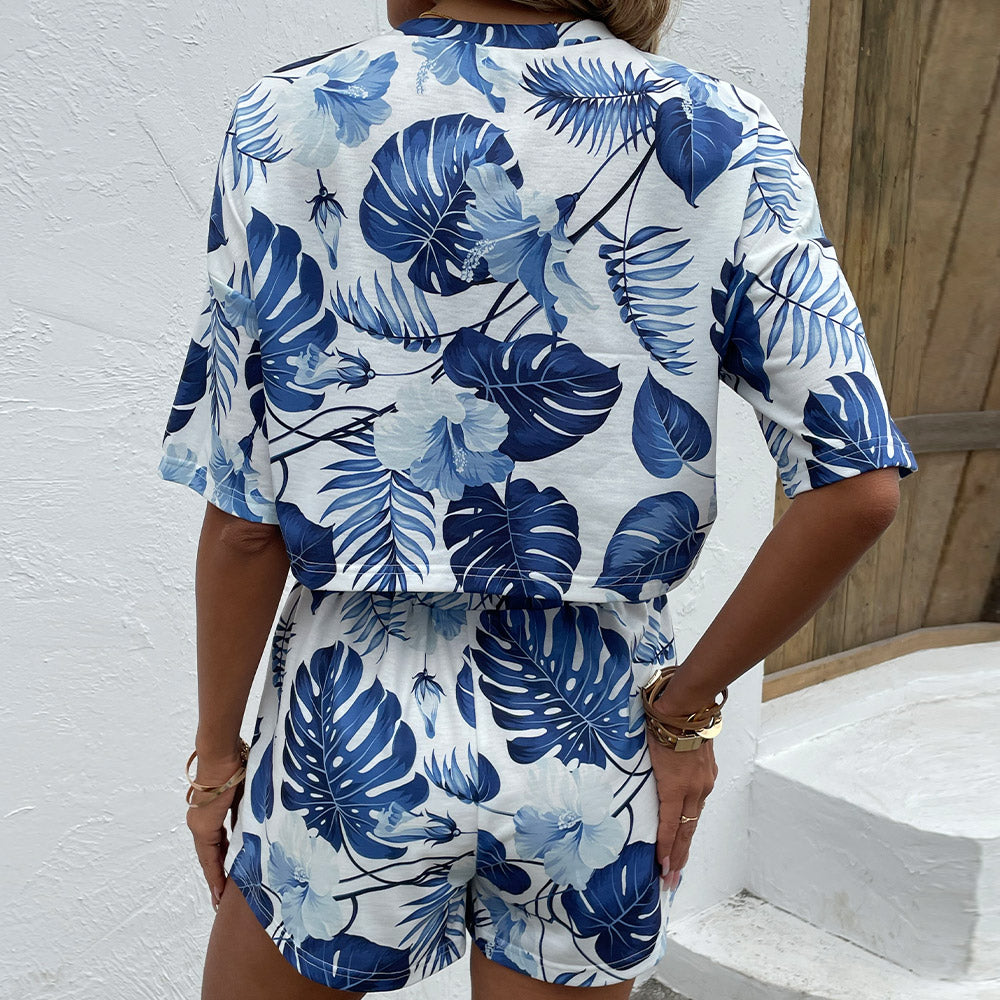 Floral Print Round Neck Dropped Shoulder Top and Shorts Set 