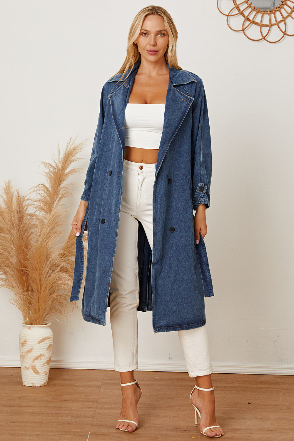 Double-Breasted Belted Longline Denim Jacket 