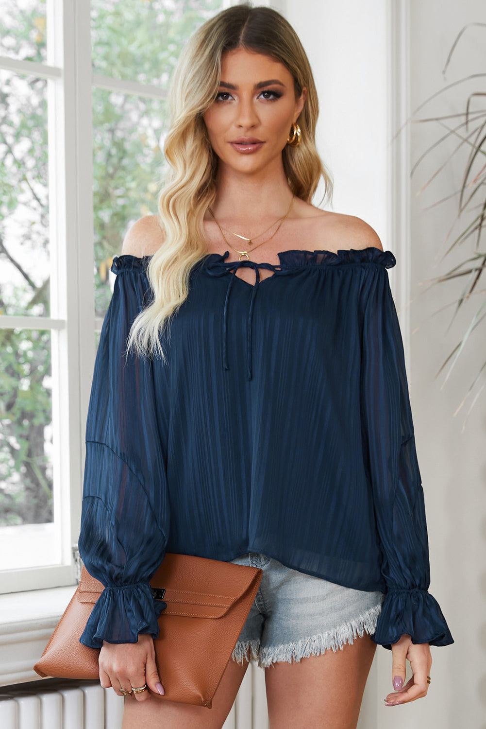 Frill Tied Off-Shoulder Flounce Sleeve Blouse 