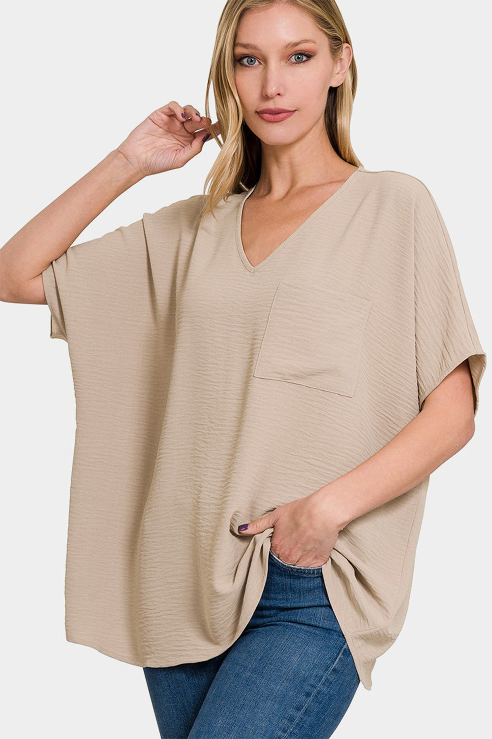 Zenana Full Size Texture V-Neck Short Sleeve Top - Babbazon