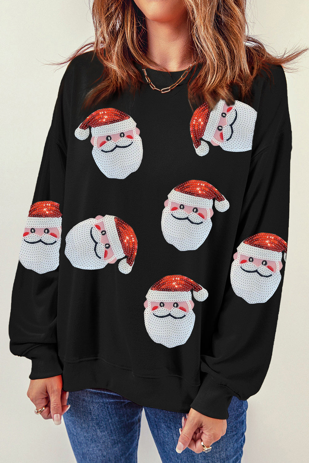 Sequin Santa Patch Round Neck Sweatshirt - Babbazon Sparkly Clothes