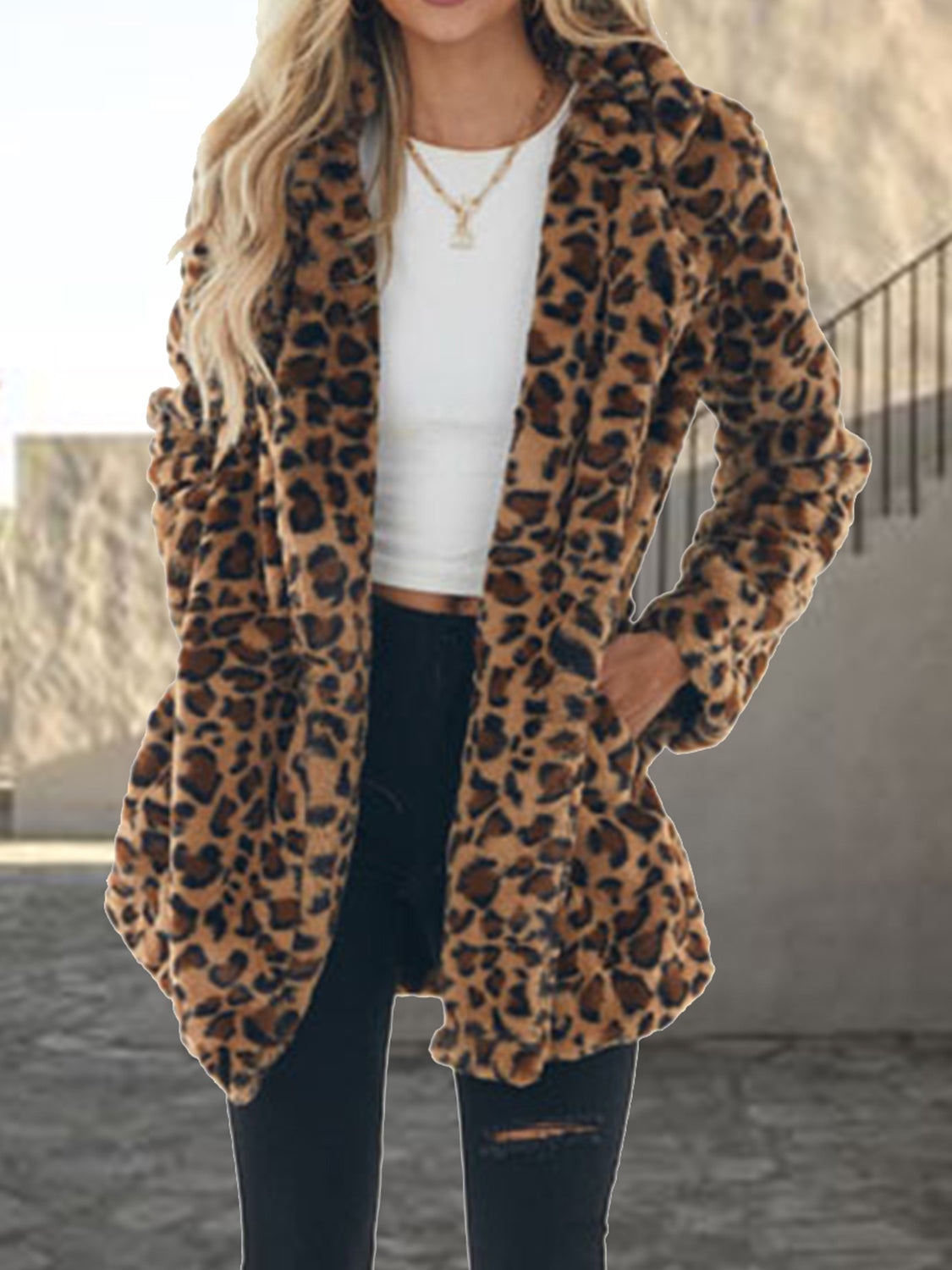 Leopard Collared Neck Coat with Pockets 