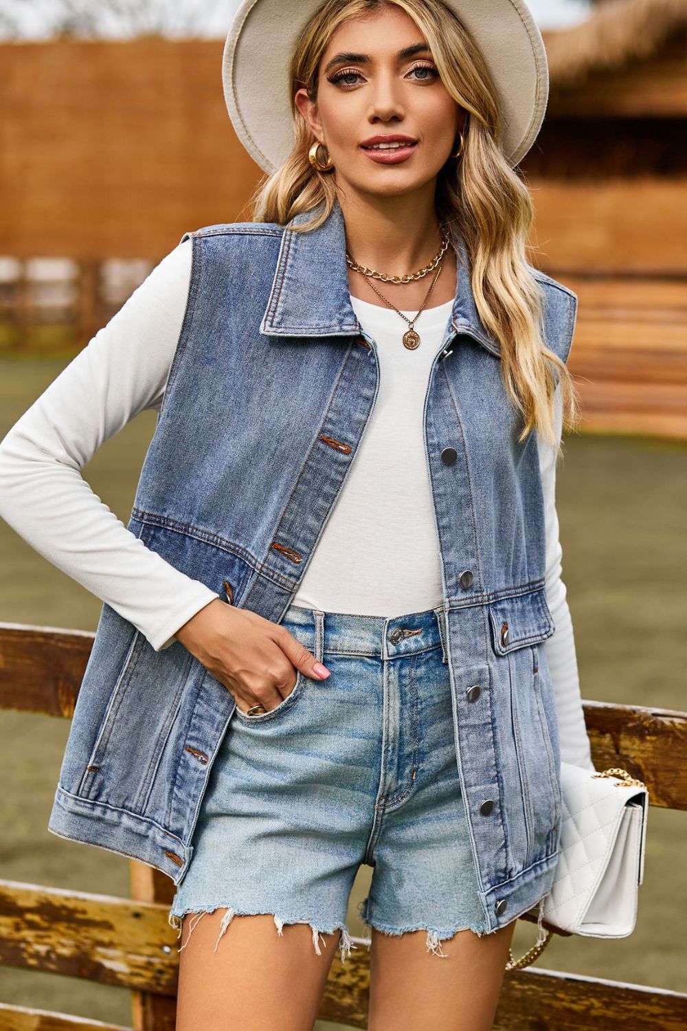 Sleeveless Collared Neck Denim Top with Pockets 