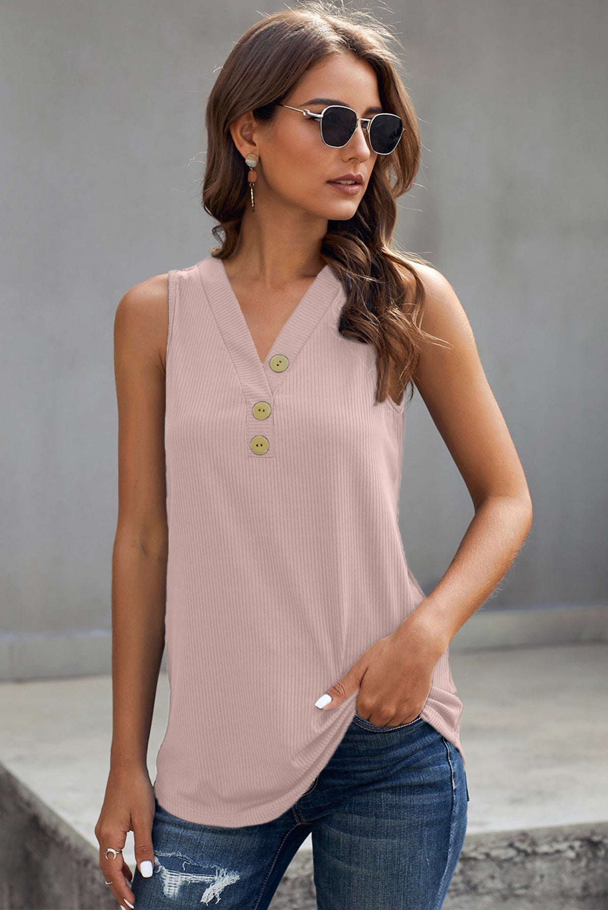 Ribbed Buttoned V-neck Tank