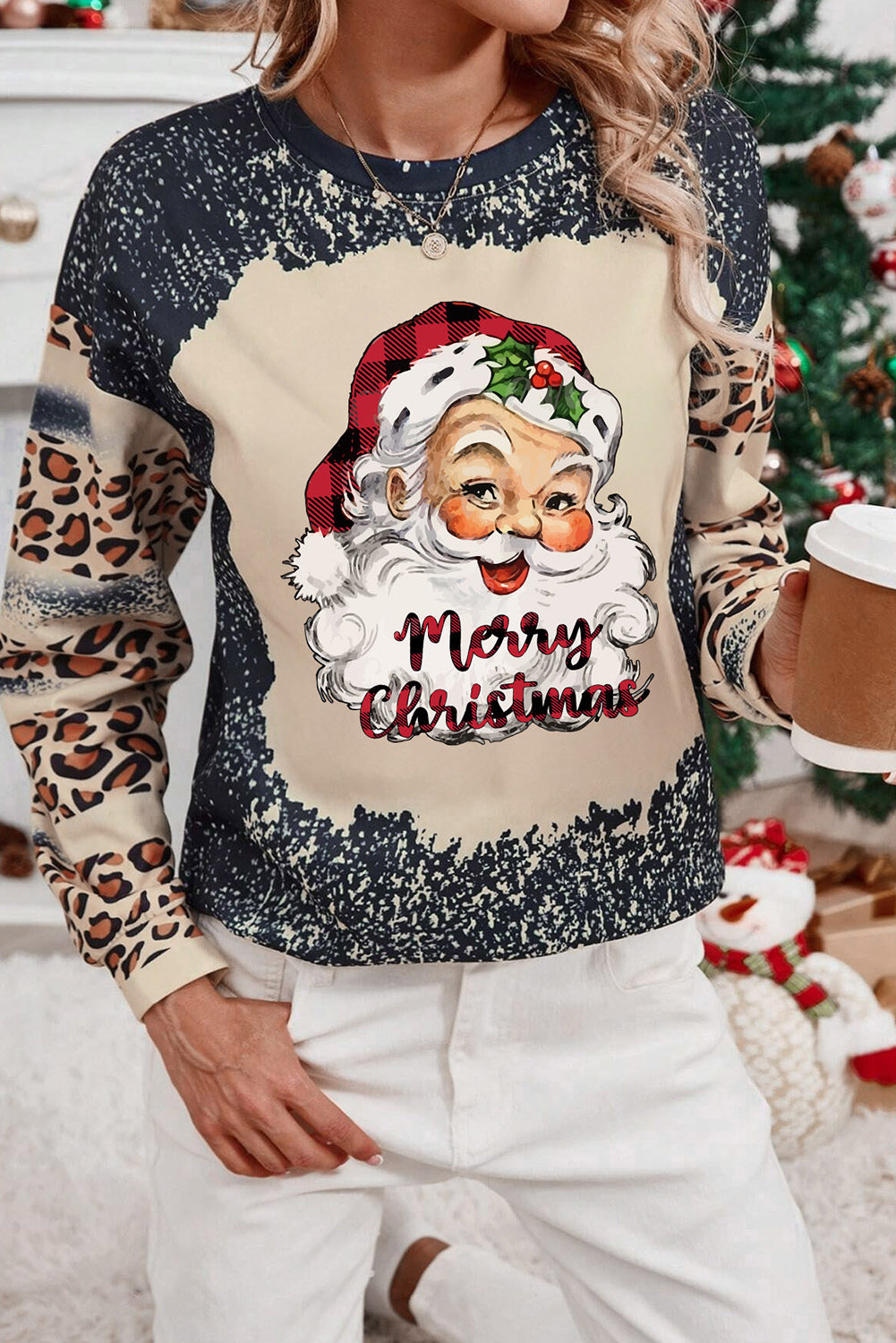 Santa Graphic Leopard Dropped Shoulder Sweatshirt 