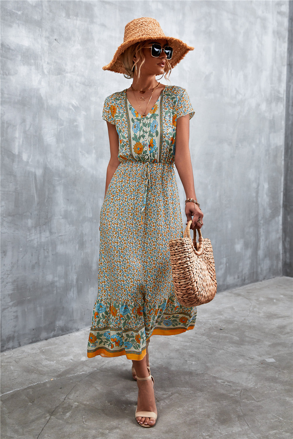 V-Neck Short Sleeve Printed Maxi Dress 