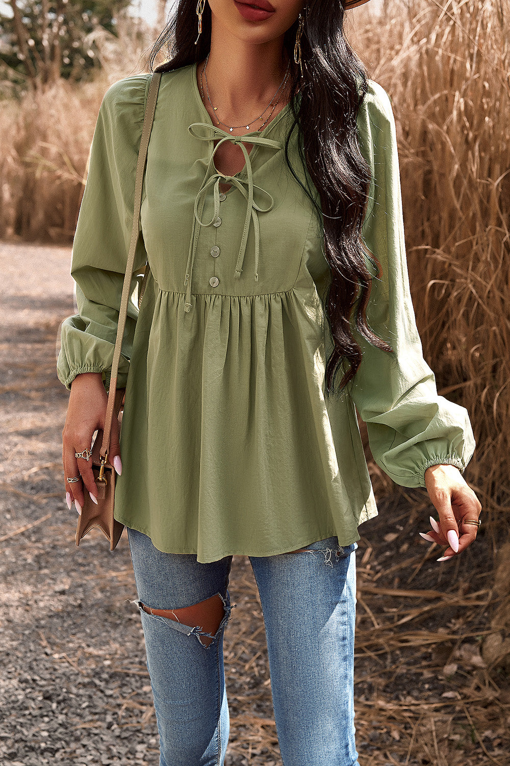 Tied Decorative Button Balloon Sleeve Blouse