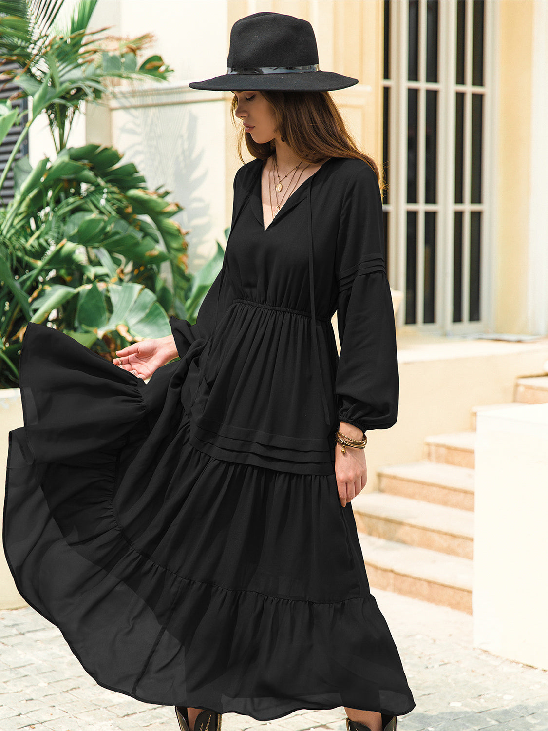 Tie Neck Long Sleeve Midi Tiered Dress 