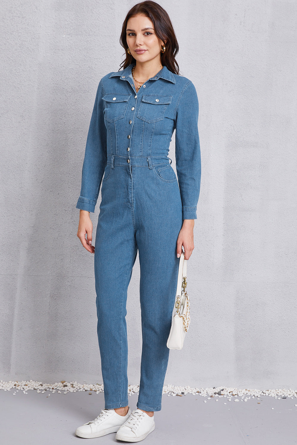 Snap Down Denim Jumpsuit with Pockets 