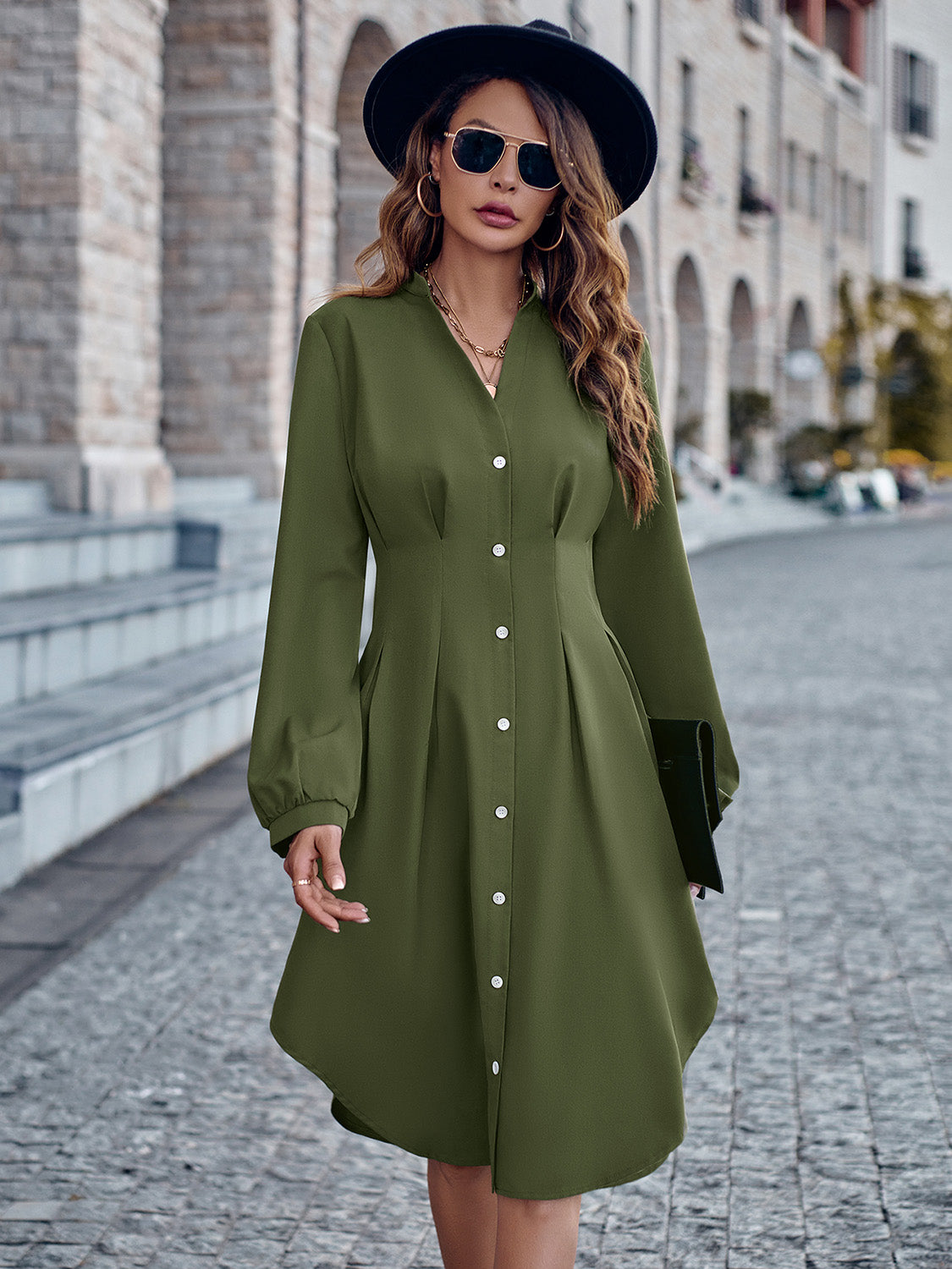 Notched Neck Long Sleeve Dress 