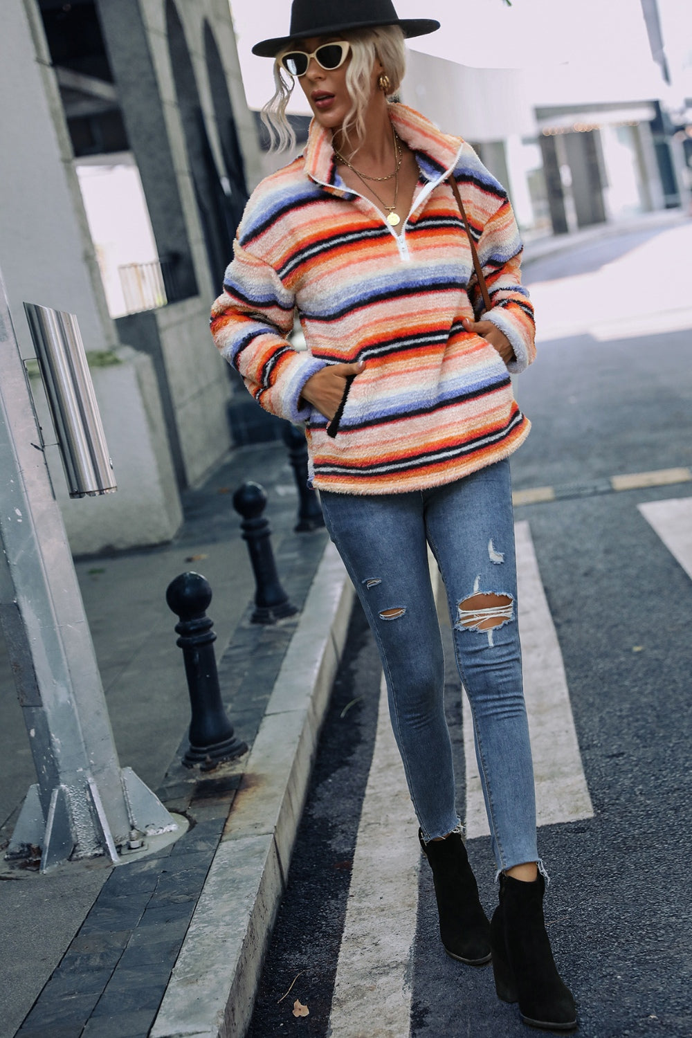 Striped Quarter Zip Dropped Shoulder Sweatshirt 