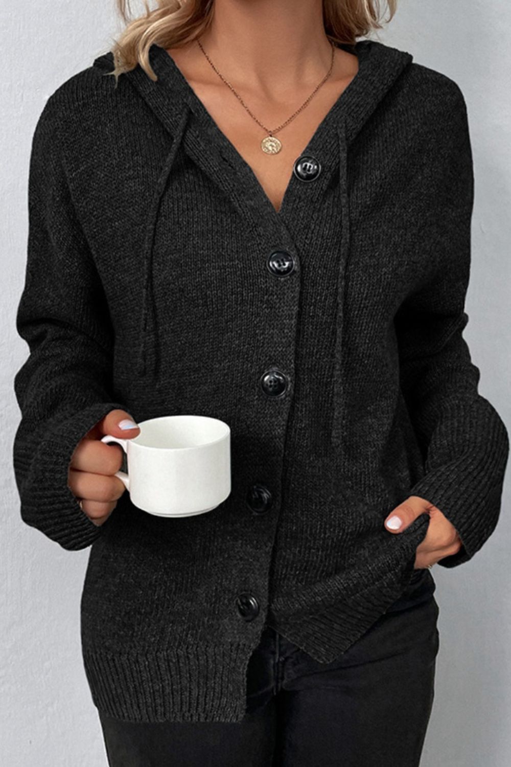 Drawstring Button Up Hooded Cardigan 