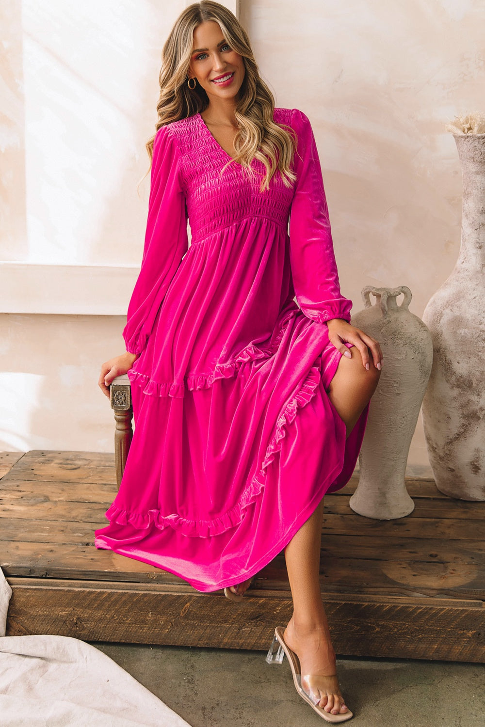 Frill V-Neck Balloon Sleeve Tiered Dress 