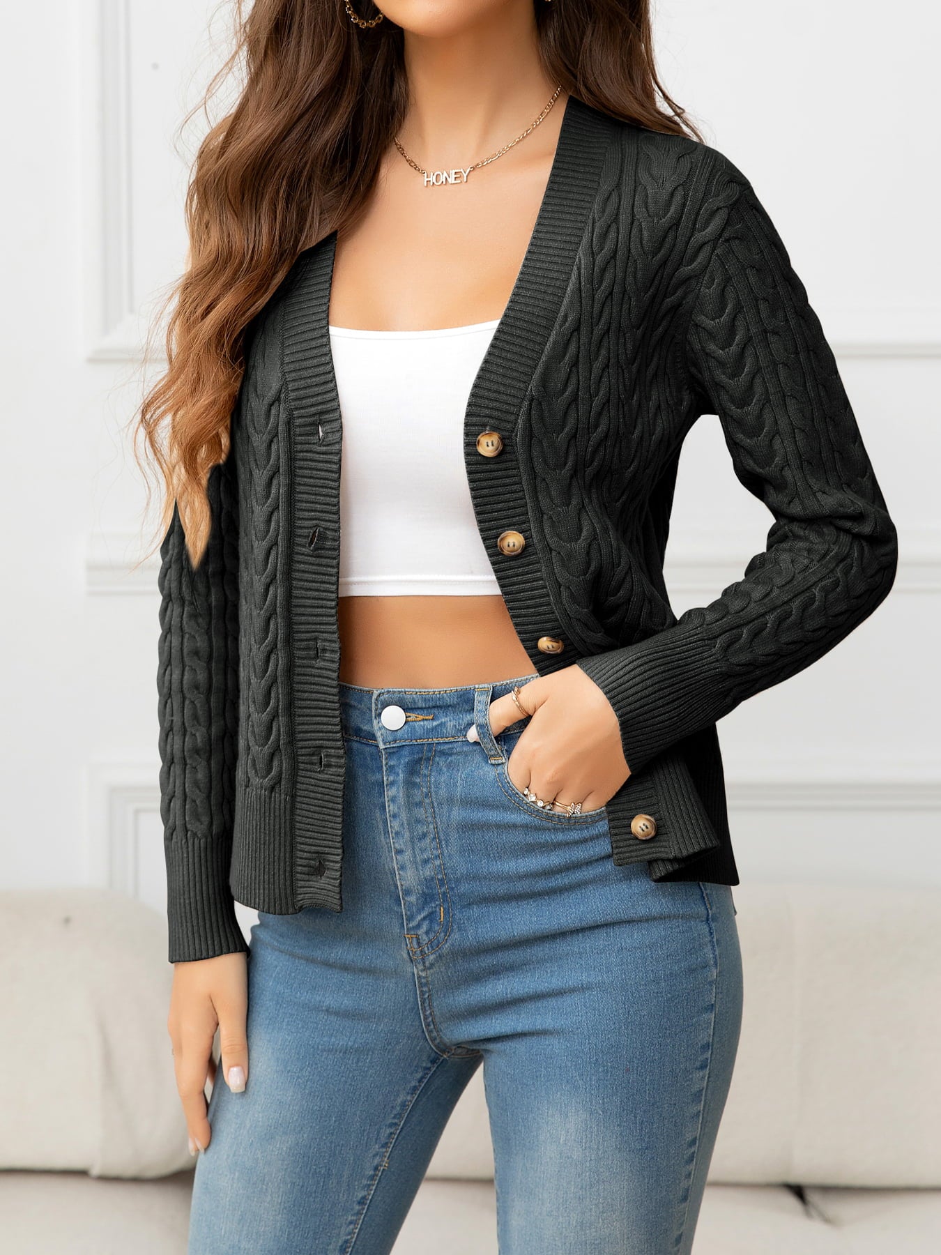 V-Neck Long Sleeve Cable-Knit Buttoned Knit Top 