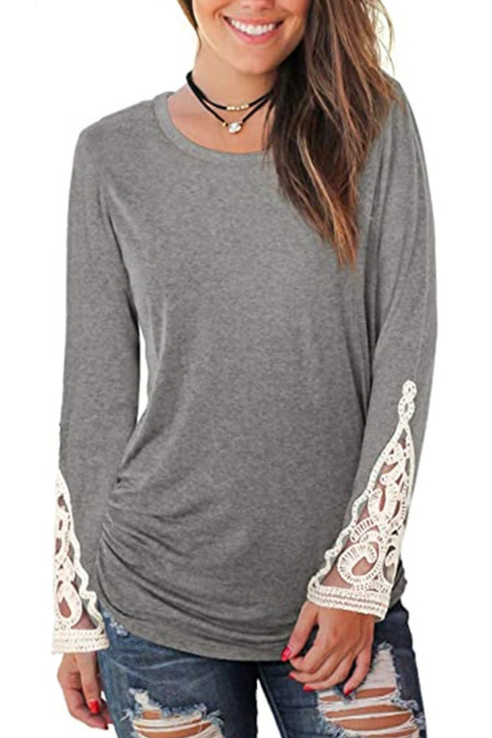 Lace Detail Long Sleeve Round Neck T-Shirt 