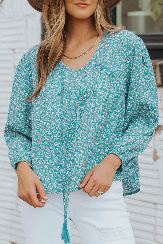 Ditsy Floral Tassel Tie High-Low Blouse 