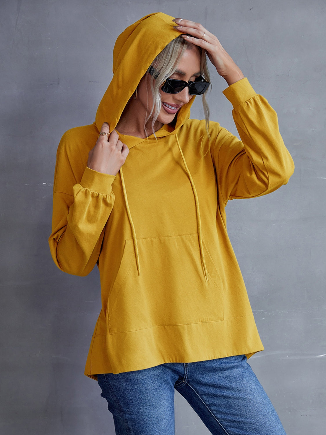 Drawstring Pocketed Dropped Shoulder Hoodie 