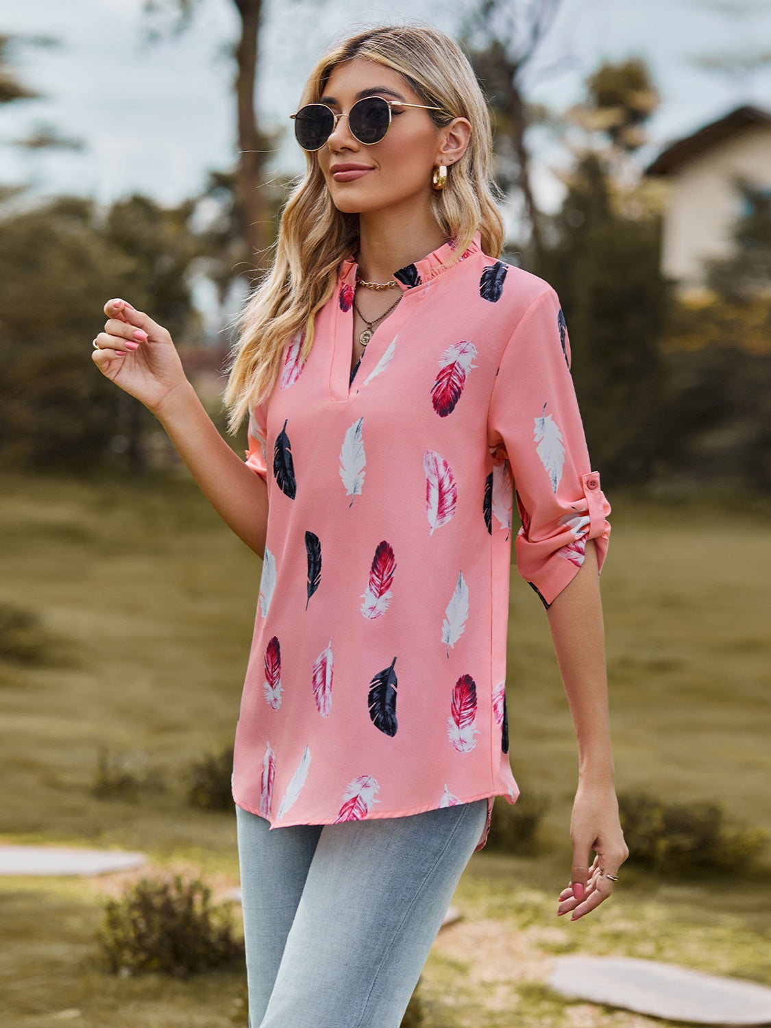 Printed Frill Notched Roll-Tab Sleeve Blouse 