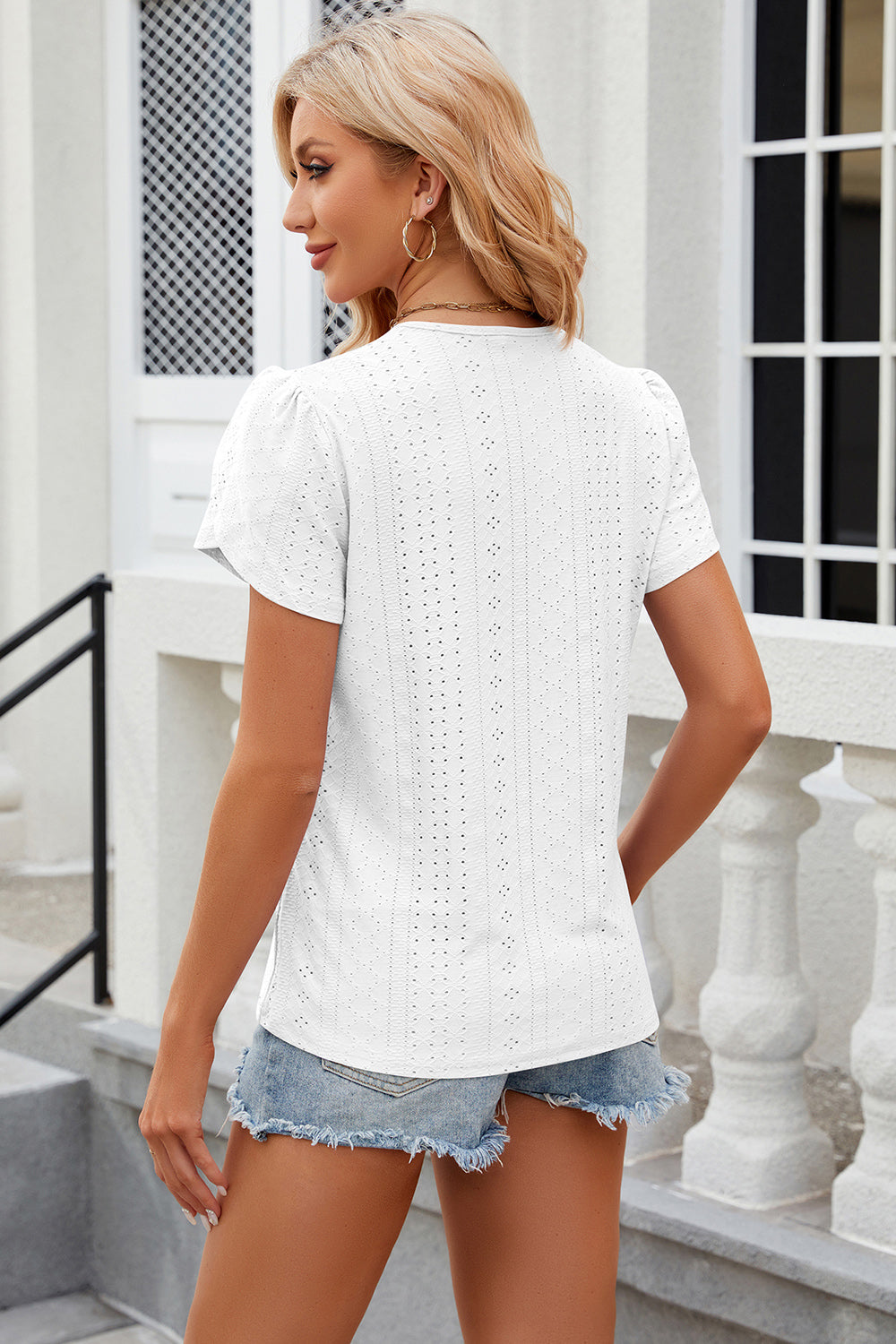 Eyelet V-Neck Petal Sleeve T-Shirt 