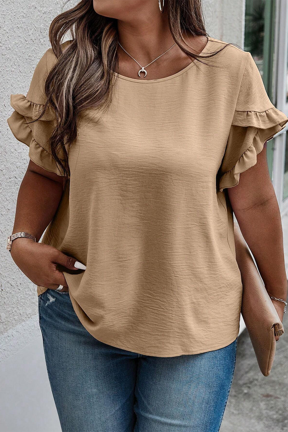 Plus Size Ruffled Petal Sleeve Round Neck T-Shirt - Babbazon Camisole