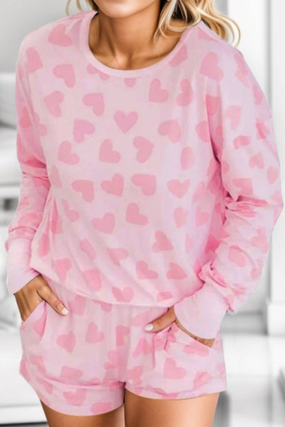 Heart Print Round Neck Top and Shorts Lounge Set 