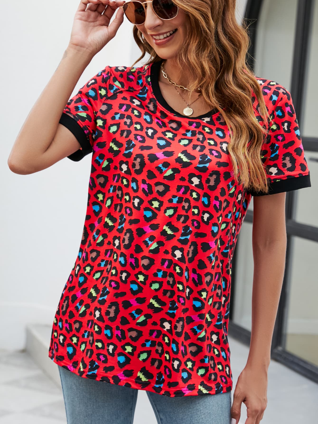 Leopard Round Neck Short Sleeve Tee Shirt 