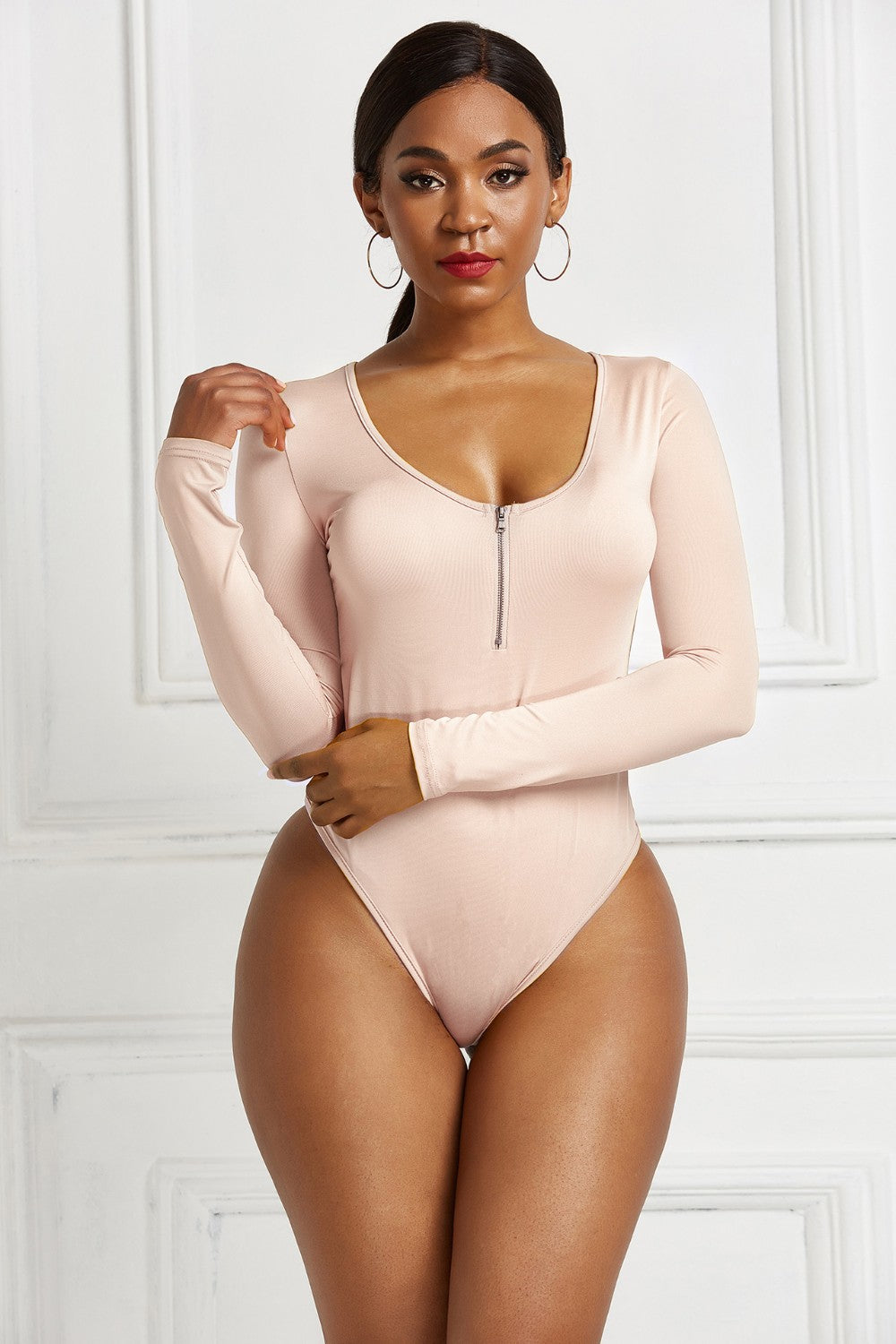 Half Zip Scoop Neck Long Sleeve Bodysuit 