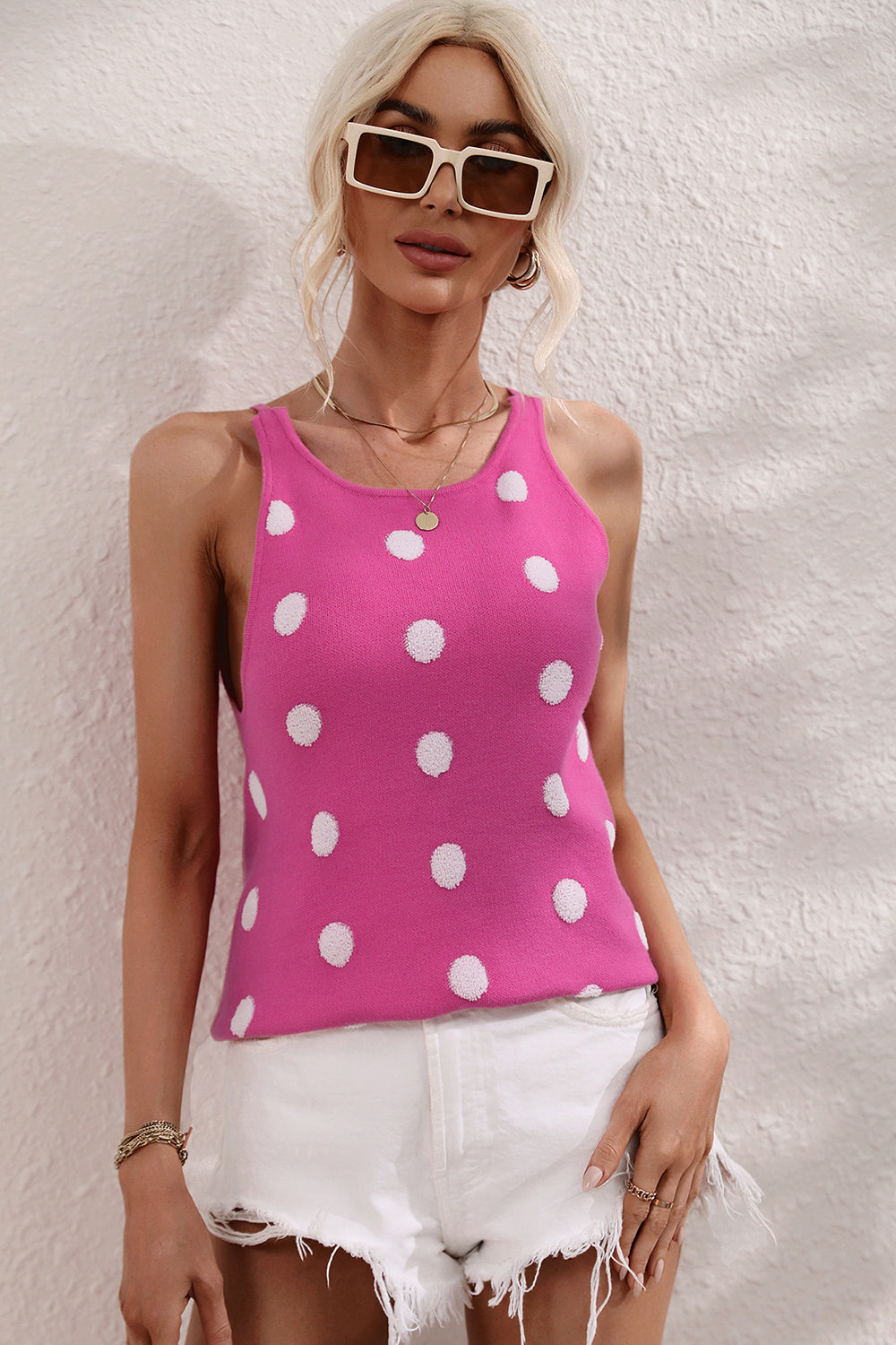 Polka Dot Round Neck Knit Tank 