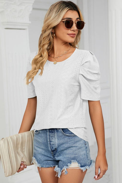 Eyelet Puff Sleeve Round Neck Blouse