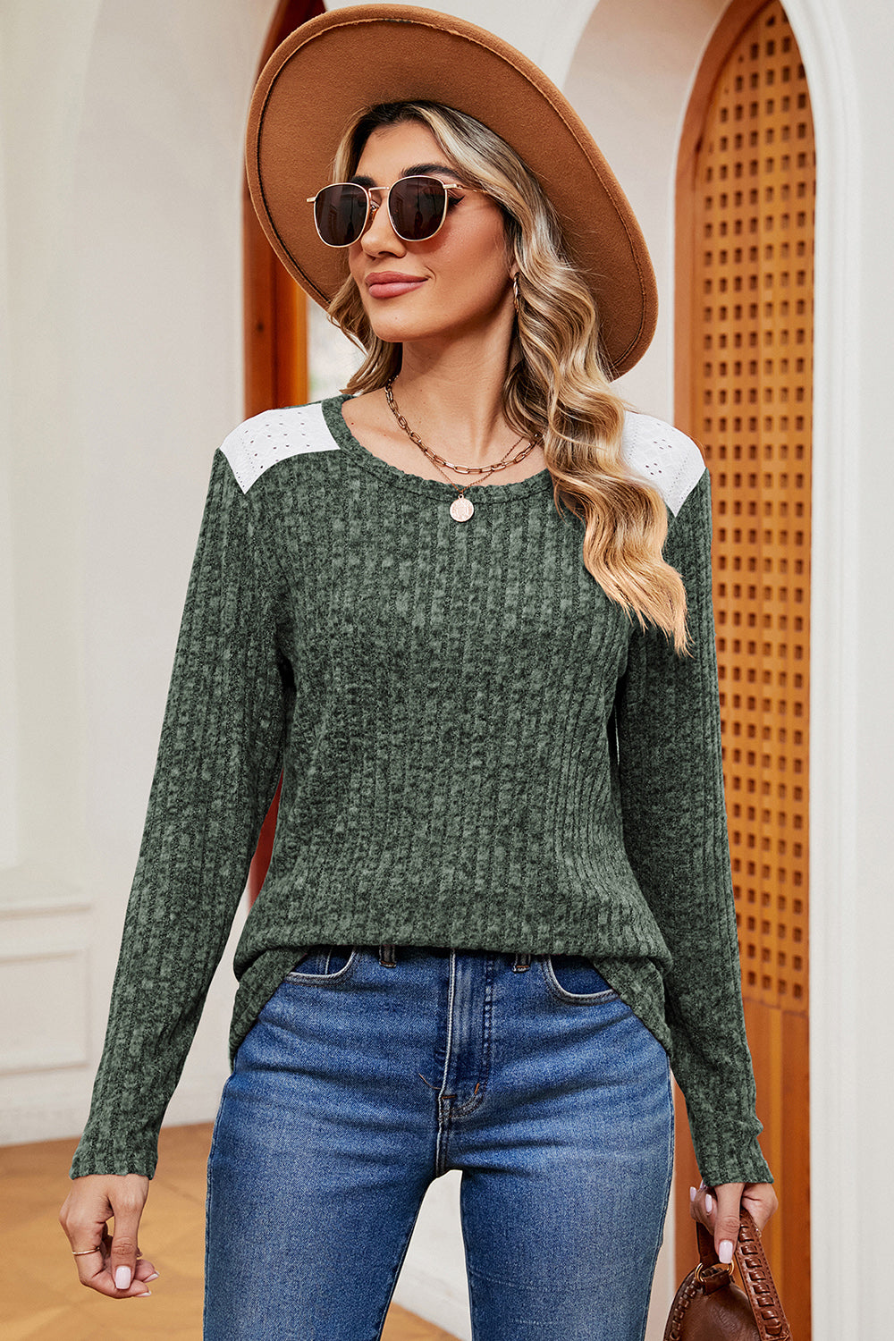 Eyelet Ribbed Round Neck Long Sleeve T-Shirt 