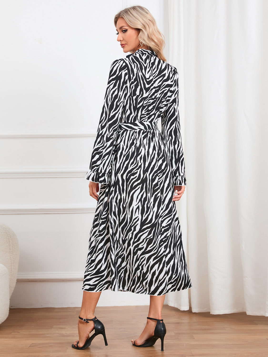 Animal Print Tie Front Ruffle Trim Dress