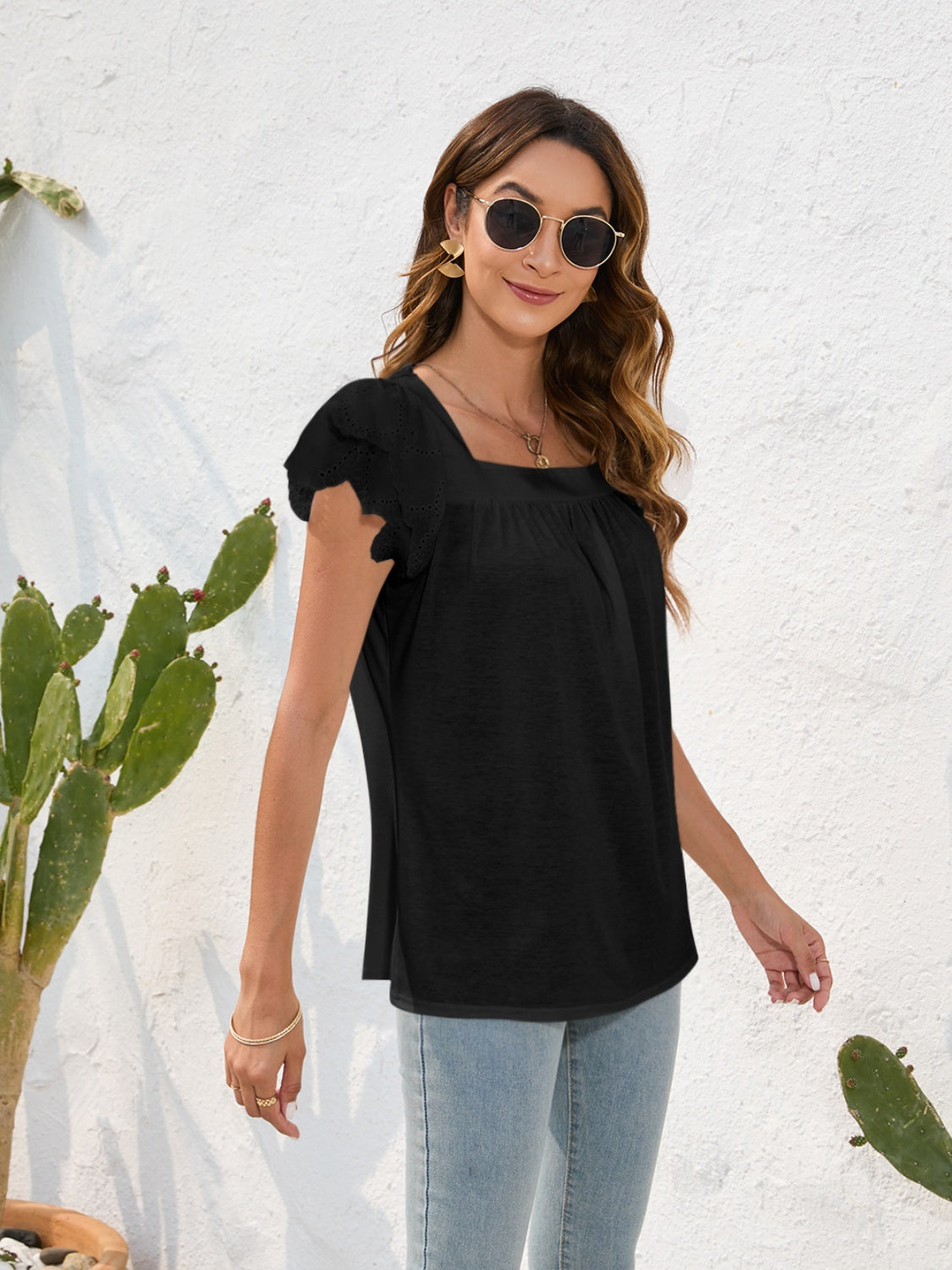 Ruffled Square Neck Cap Sleeve Blouse 