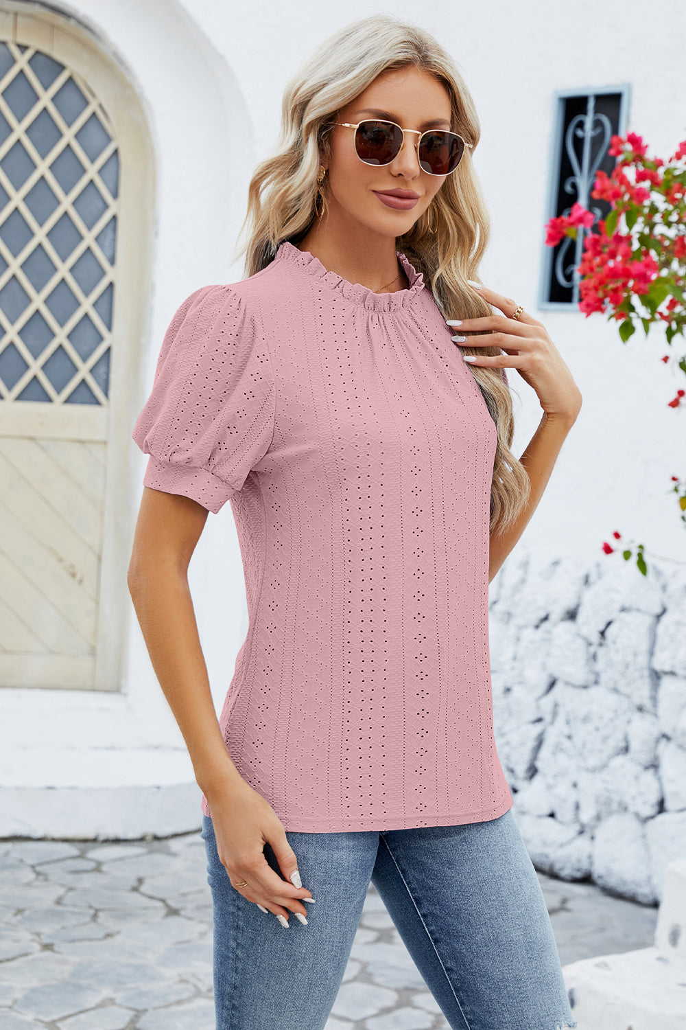 Frill Mock Neck Short Sleeve Eyelet Blouse 