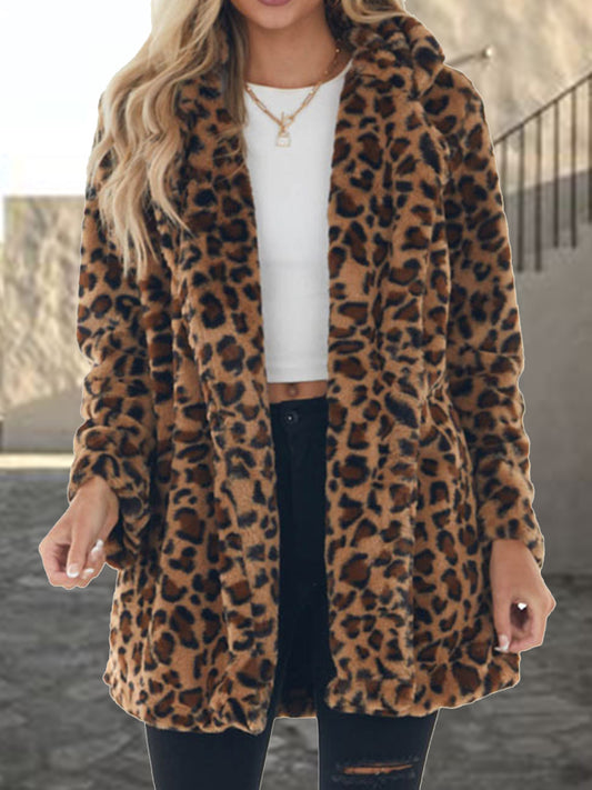 Leopard Collared Neck Coat with Pockets 