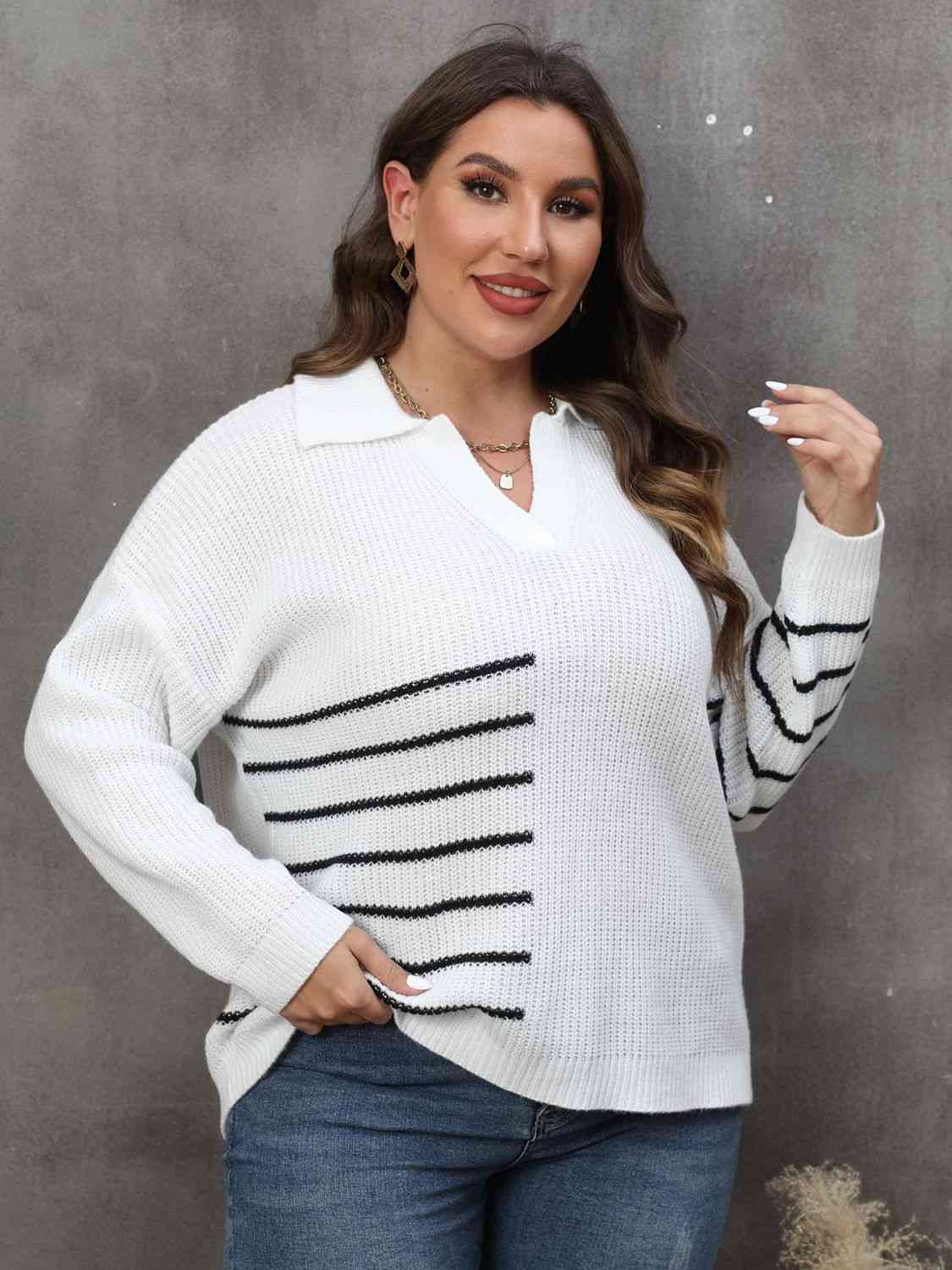 Plus Size Striped V-Neck Sweater 