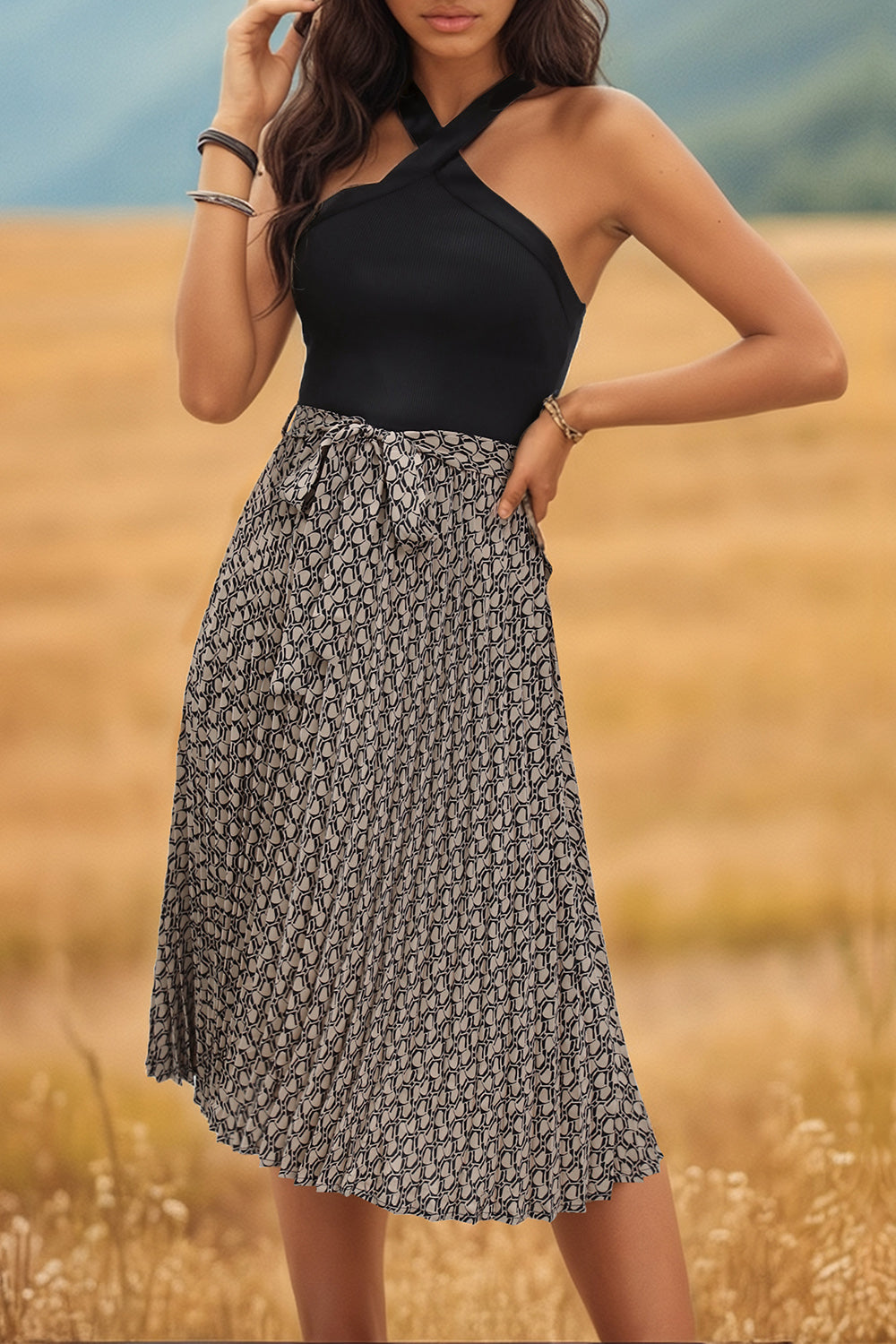 Crisscross Printed Halter Neck Dress 